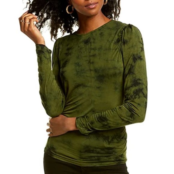 KENDALL + KYLIE Marbled Ruched Fitted Long Sleeve Shirt Top Green XS Women NEW - Picture 1 of 5